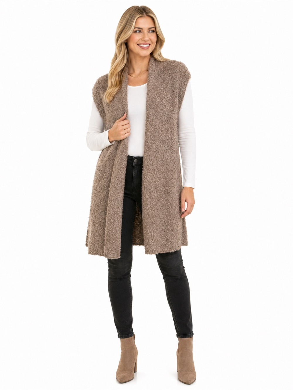 Aerie Size Medium Cozy Taupe Open-Front Teddy Hoodie Sweater Long Vest